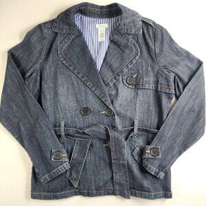 Liz & Co Pea Coat Womens L Navy Blue Cotton Denim Jacket Belt Nautical Style